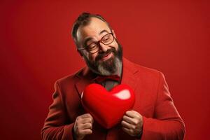 ai gerado retrato do uma feliz homem com uma vermelho coração em dia dos namorados dia conceito. foto