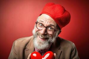 ai gerado retrato do uma feliz homem com uma vermelho coração em dia dos namorados dia conceito. foto