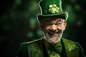 ai gerado retrato do uma feliz duende com trevo folhas. st. patrick's dia. foto