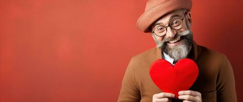 ai gerado retrato do uma feliz homem com uma vermelho coração em dia dos namorados dia conceito. foto