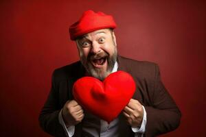 ai gerado retrato do uma feliz homem com uma vermelho coração em dia dos namorados dia conceito. foto