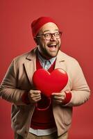 ai gerado retrato do uma feliz homem com uma vermelho coração em dia dos namorados dia conceito. foto