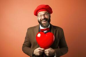 ai gerado retrato do uma feliz homem com uma vermelho coração em dia dos namorados dia conceito. foto