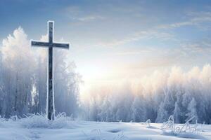 ai gerado Cruz dentro a inverno floresta. cristão Cruz dentro a Nevado floresta. foto