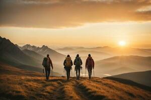 ai gerado grupo do caminhantes caminhada dentro a montanhas às pôr do sol. viagem e aventura conceito, ai generativo. foto