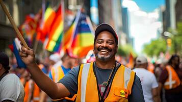 ai gerado foto feliz brincalhão multiétnico do trabalho dia celebração dentro rua