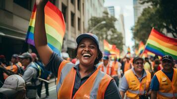 ai gerado foto feliz brincalhão multiétnico do trabalho dia celebração dentro rua