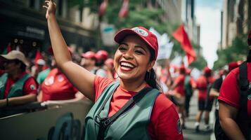 ai gerado foto feliz brincalhão multiétnico do trabalho dia celebração dentro rua