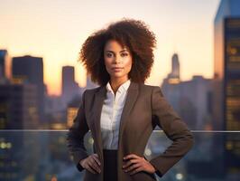 ai gerado a elegante africano americano empresária carrinhos com confiança com uma pôr do sol cidade Horizonte pano de fundo, simbolizando sucesso e ambição. foto