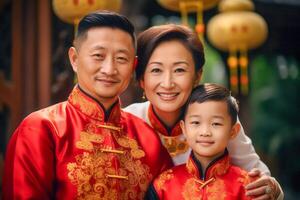 ai gerado tradicional chinês família dentro festivo vestuário posando para uma retrato foto