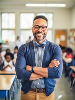 ai gerado africano americano masculino professor com óculos e uma arco gravata com confiança carrinhos com braços cruzado dentro uma ocupado Sala de aula cheio do alunos. foto