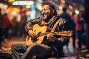 ai gerado alegre meio envelhecido homem jogando guitarra em ocupado cidade rua às noite foto