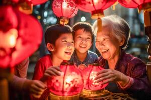 ai gerado alegre chinês avó e netos com vermelho lanternas foto