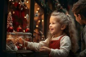 ai gerado crianças olhando uma janela do uma Natal fazer compras em Natal dia foto