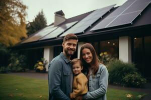 ai gerado uma feliz casal e uma ampla casa com solar painéis instalado. foto