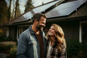 ai gerado uma feliz casal e uma ampla casa com solar painéis instalado. foto