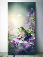 ai gerado elegante lindo partículas rã dentro uma sonhadores artístico flores meio Ambiente vertical poster ai gerado foto