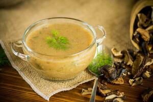 quente caseiro vegetal vegetariano sopa com seco cogumelos dentro uma vidro tigela foto