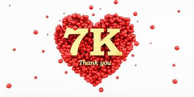3d render do uma ouro 7000 seguidores obrigado você isolado em branco fundo, 3 mil, vermelho coração e vermelho balões, bola. foto