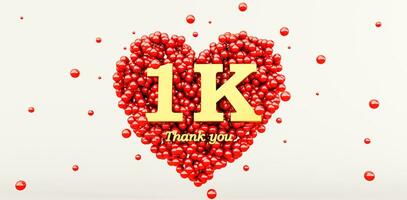 3d render do uma ouro 1000 seguidores obrigado você isolado em branco fundo, 1k, vermelho coração e vermelho balões, foto