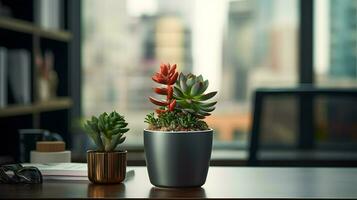 ai gerado flor Panela em uma escritório mesa, suculento cacto vaso, generativo ai foto