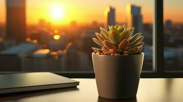 ai gerado flor Panela em uma escritório mesa, suculento cacto vaso, generativo ai foto