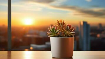 ai gerado flor Panela em uma escritório mesa, suculento cacto vaso, generativo ai foto