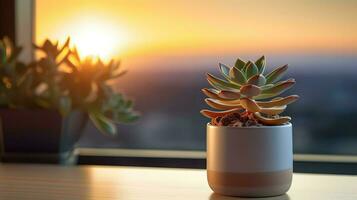 ai gerado flor Panela em uma escritório mesa, suculento cacto vaso, generativo ai foto