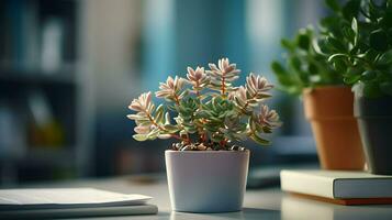 ai gerado flor Panela em uma escritório mesa, suculento cacto vaso, generativo ai foto