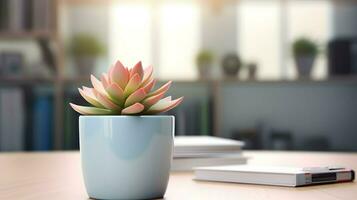 ai gerado flor Panela em uma escritório mesa, suculento cacto vaso, generativo ai foto