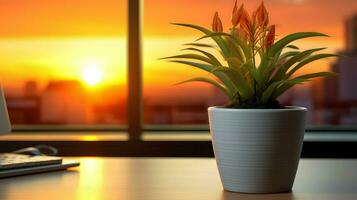 ai gerado flor Panela em uma escritório mesa, suculento cacto vaso, generativo ai foto