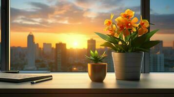 ai gerado flor Panela em uma escritório mesa, suculento cacto vaso, generativo ai foto