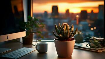 ai gerado flor Panela em uma escritório mesa, suculento cacto vaso, generativo ai foto