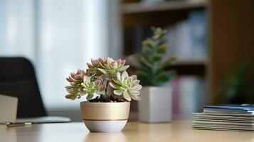 ai gerado flor Panela em uma escritório mesa, suculento cacto vaso, generativo ai foto