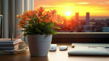 ai gerado flor Panela em uma escritório mesa, suculento cacto vaso, generativo ai foto