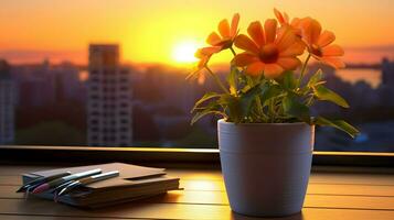 ai gerado flor Panela em uma escritório mesa, suculento cacto vaso, generativo ai foto