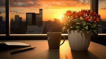 ai gerado flor Panela em uma escritório mesa, suculento cacto vaso, generativo ai foto