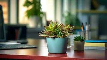 ai gerado flor Panela em uma escritório mesa, suculento cacto vaso, generativo ai foto