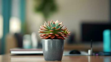 ai gerado flor Panela em uma escritório mesa, suculento cacto vaso, generativo ai foto