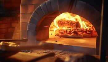 ai gerado recentemente cozido pizza dentro uma madeira disparamos forno, uma gourmet italiano deleite gerado de ai foto
