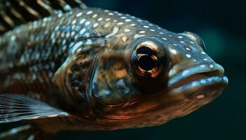 ai gerado fechar acima do uma afiado olhos peixe natação dentro a embaixo da agua recife gerado de ai foto