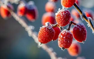 ai gerado inverno beijo, encantador geada cobertor em manhã bagas foto