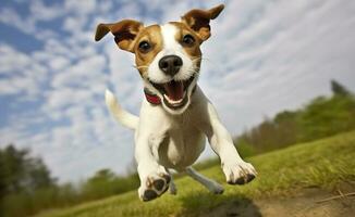 ai gerado jack Russel pároco cachorro corre em direção a a Câmera baixo ângulo Alto Rapidez tomada. ai gerado foto