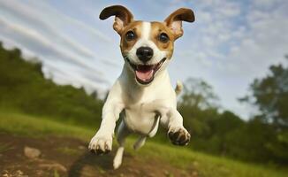 ai gerado jack Russel pároco cachorro corre em direção a a Câmera baixo ângulo Alto Rapidez tomada. ai gerado foto