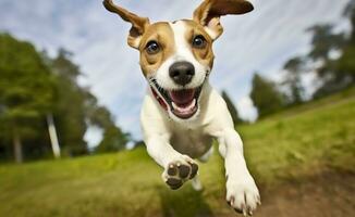 ai gerado jack Russel pároco cachorro corre em direção a a Câmera baixo ângulo Alto Rapidez tomada. ai gerado foto