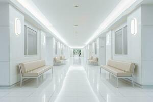 ai gerado interior Projeto do uma moderno luxuoso branco construção corredor ou corredor com esperando assento. ai gerado foto