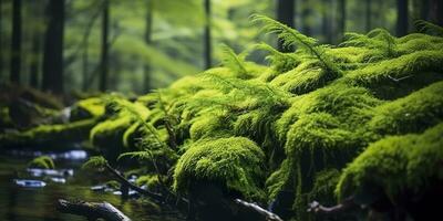 ai gerado verde musgo fechar-se, com uma pano de fundo do bosque. floresta dentro a nacional parque. ai gerado foto