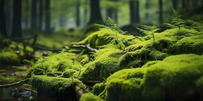 ai gerado verde musgo fechar-se, com uma pano de fundo do bosque. floresta dentro a nacional parque. ai gerado foto