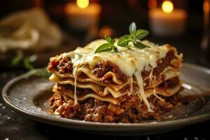 ai gerado tradicional italiano Comida Lasanha com carne molho. ai gerado foto