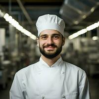 ai gerado uma jovem sorridente cozinha trabalhador dentro Comida Produção. alta resolução. ai generativo foto